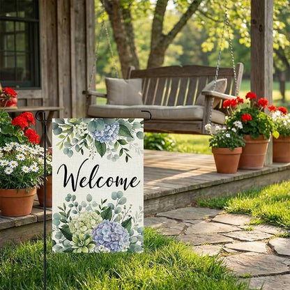 CROWNED BEAUTY Spring Garden Flag Hydrangea Eucalyptus 12x18 Inch Double Sided Small Seasonal Holiday Floral Decoration for Outdoor Lawn Yard