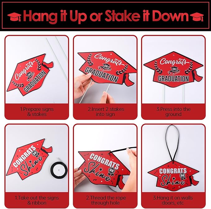 16 Pieces 2026 Graduation Yard Signs Plastic Congrats Grad Decor with 32 Stake and Ribbon Graduate Cap Hanging Yard Sign for Party Outdoor Lawn Pathway Walkway Decorations(Red)