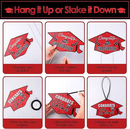 16 Pieces 2026 Graduation Yard Signs Plastic Congrats Grad Decor with 32 Stake and Ribbon Graduate Cap Hanging Yard Sign for Party Outdoor Lawn Pathway Walkway Decorations(Red)