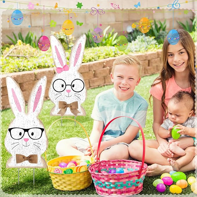 2 Pcs Easter/Spring Outdoor Decorations 16 Inch Easter Yard Signs Metal Pastel Gnome/Rustic Bunny/Lavender Garden Stakes for Home Outside Pathway Lawn Backyard Patio Farmhouse Party Decor(Rabbit)