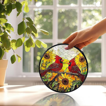 Sunflower Cardinal Suncatchers Stained Glass Window Hanging, Cardinal Gifts for Women, Sunflower Sun Catchers Indoor Window Glass Round Wall Decor, Flower Wall Hanging Decorations, 7.9x7.9in