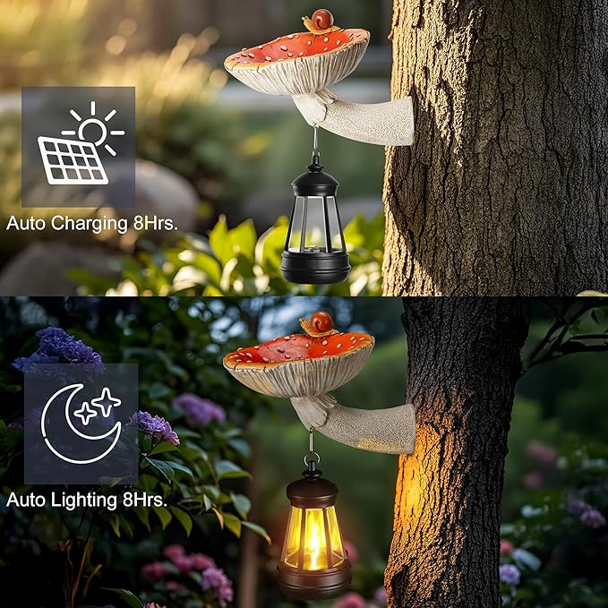 Etlemonde Solar Mushroom Garden Statue, Cute Hand-Painted Resin Decoration with Snail & Lantern, Waterproof Outdoor Ornament, Perfect Fairy Garden Decor & Unique Gift(Red)