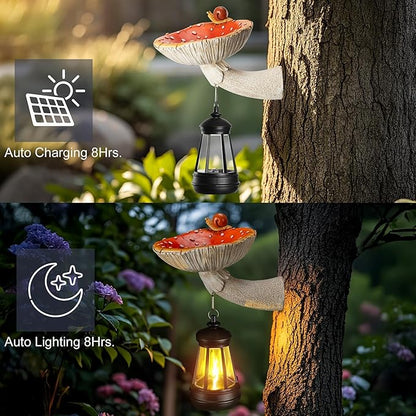 Etlemonde Solar Mushroom Garden Statue, Cute Hand-Painted Resin Decoration with Snail & Lantern, Waterproof Outdoor Ornament, Perfect Fairy Garden Decor & Unique Gift(Red)