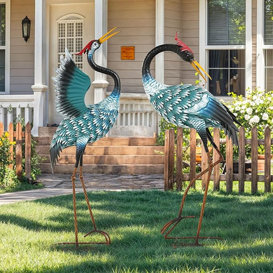 36.8" Metal Crane Garden Statue, Handcrafted Extra-Large Blue Heron Decor Sculptures with Stable U-Ground Stakes, Backyard Decoration, Metal Garden Bird Animal Yard Art, Lawn Ornament Decor