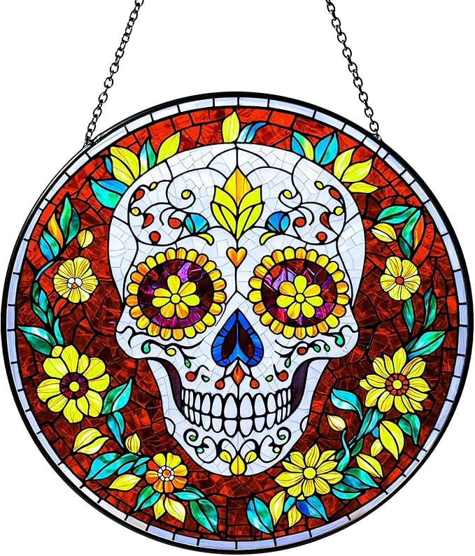 Dia De Los Muertos Sugar Skull Stained Glass Window Hanging Skull Sun Catcher Halloween Decor Halloween Home Decoration Suncatchers for Garden Home Windows Hanging, 7.87inch