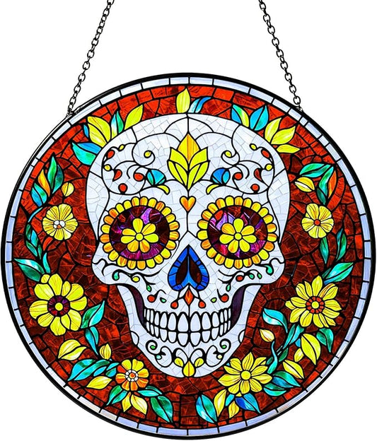 Dia De Los Muertos Sugar Skull Stained Glass Window Hanging Skull Sun Catcher Halloween Decor Halloween Home Decoration Suncatchers for Garden Home Windows Hanging, 7.87inch