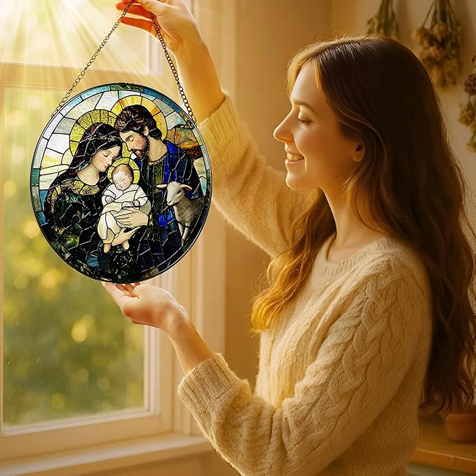 8-Inch Nativity Scene Stained Glass Suncatcher Ornament, Christian Stained Glass Window Hanging, Religious Ornament, Christmas Hanging Decor — Gifts for Christmas, Christian Gift, Religious Gift