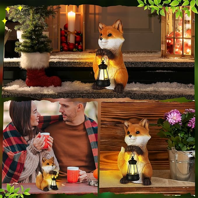 Thyle Fox Statue for Garden with Solar Power Light Garden Statue for Outdoor Patio Porch Lawn Yard Fox Decor Sculpture Summer Gardening Gifts for Women Mom Grandma Oudside Indoor Shelf Decoration