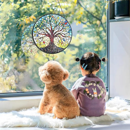Stained Glass Window Hanging, Colorful Tree of Life Sun Catchers for Window Door Garden Kitchen Home Decor Suncatcher Decoration for Birthday Gift for Women, Men, Mom, Dad, Wife, Aunt and Nana 7.8 in