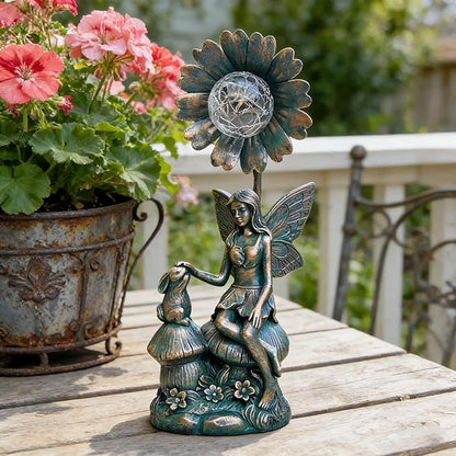 Garden Solar Fairy Statue - Mushroom Seat, Touching Rabbit, Iron Flower Glass Ball, Whimsical Outdoor Ornament