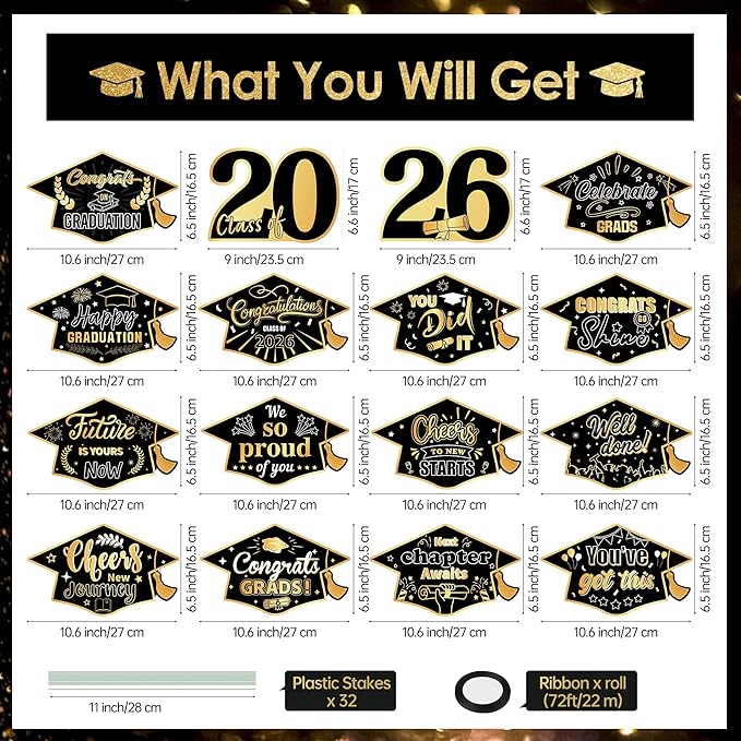 16 Pieces 2026 Graduation Yard Signs Plastic Congrats Grad Decor with 32 Stake and Ribbon Graduate Cap Hanging Yard Sign for Party Outdoor Lawn Pathway Walkway Decorations(Black and Gold)