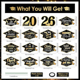 16 Pieces 2026 Graduation Yard Signs Plastic Congrats Grad Decor with 32 Stake and Ribbon Graduate Cap Hanging Yard Sign for Party Outdoor Lawn Pathway Walkway Decorations(Black and Gold)