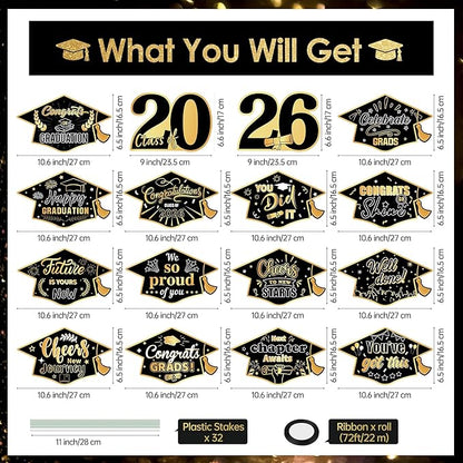 16 Pieces 2026 Graduation Yard Signs Plastic Congrats Grad Decor with 32 Stake and Ribbon Graduate Cap Hanging Yard Sign for Party Outdoor Lawn Pathway Walkway Decorations(Black and Gold)