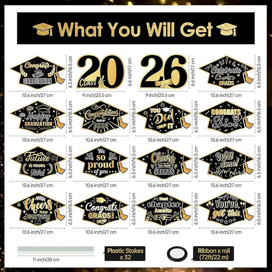 16 Pieces 2026 Graduation Yard Signs Plastic Congrats Grad Decor with 32 Stake and Ribbon Graduate Cap Hanging Yard Sign for Party Outdoor Lawn Pathway Walkway Decorations(Black and Gold)