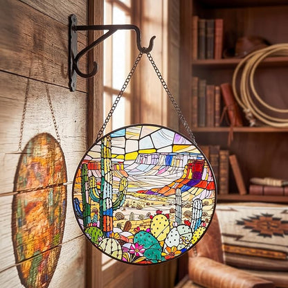 Stained Glass Window Hanging Suncatchers with Desert Cactus 12.6", Vibrant Glass Panel with Metal Chain for Home Decor Gift for Women Mother's Day, Birthday, Men, and Mom