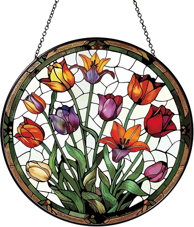 Tulip Stained Glass Window Hanging Botanical Sun Catcher Decor Tulip Lover Gifts for Women Christmas Suncatchers for Home Windows Hanging Decoration, 7.87inch