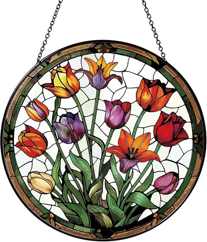 Tulip Stained Glass Window Hanging Botanical Sun Catcher Decor Tulip Lover Gifts for Women Christmas Suncatchers for Home Windows Hanging Decoration, 7.87inch