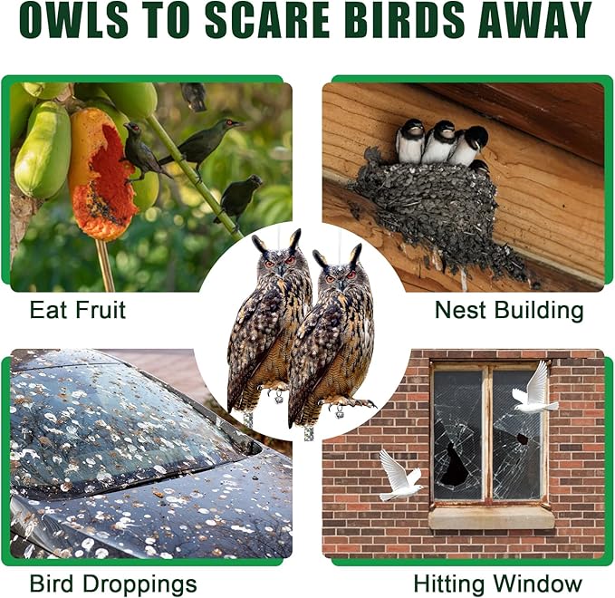 Owls to Keep Birds Away: 3Pack Fake Owl with Reflective Tape for Vineyard Garden Patio Pool, Reflective Hanging Decoration to Keep Birds Pigeon from Windows Tree Orchard