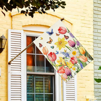 Baccessor Spring Easter Tulip House Flag Double Sided 28x40 Inch Burlap,Daffodil Floral Butterflies Large Garden Flag Porch Patio Front Entry Yard Seasonal Farmhouse Outside Outdoor Decor