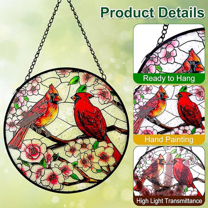 Remiawy Cardinal Stained Glass Window Hanging, 10 Inch Sun Catcher Glass Panel with Metal Chain and Hooks Suncatcher Indoor Window Wall Art Home Decor Gift for Bird Lovers Women Mother's Day Christmas