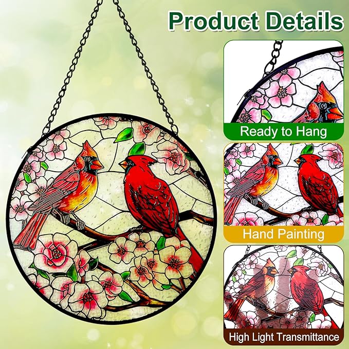 Remiawy Cardinal Stained Glass Window Hanging, 12 Inch Sun Catcher Glass Panel with Metal Chain and Hooks Suncatcher Indoor Window Wall Art Home Decor Gift for Bird Lovers Women Mother's Day Christmas