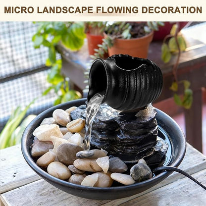 M METERXITY Ceramic Garden Fountain Spitter, Clay Pot Ecological Tank for Pond/Backyard Water Feature/Cave Waterfall/Landscaping, DIY Water Flow Jar Hydroponic Vase [5.5in, Matte Black]