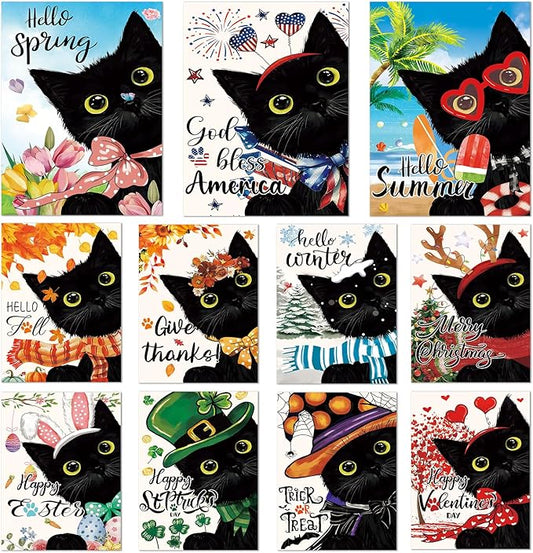 Seasonal Garden Flags Set of 11 Double Sided 12 x 18 Inch Cute Black Cat Yard Flags, Small Flags for Outside, Spring 4th of July Easter Outdoor Flags, Holiday Garden Flags for All Seasons