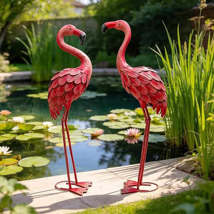 YOUKI Metal Yard Art Flamingo Decor Pink Flamingos for Yard Garden Statues Red Flamingo Yard Art Outdoor Sculptures for Outside Home Patio Lawn Ornaments Backyard Decor, Set of 2