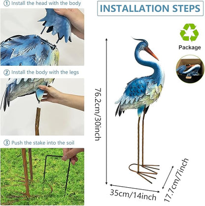 HONGLAND Solar Metal Crane Statue Garden Heron Sculpture, Outdoor Heron Yard Art Coastal Ocean Bird Decor Lawn Ornament for Backyard Porch Patio Decor（30 Inch）