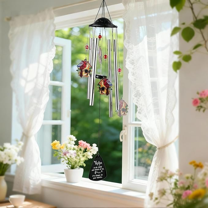 HDCRYSTALGIFTS 34'' Cardinal Wind Chimes for Outside Home Garden Decor Red Bird Memorial Wind Chimes for Loss of Loved One, Sympathy Windchimes Outdoors Cardinal Gifts for Women Mom Grandma Sisters