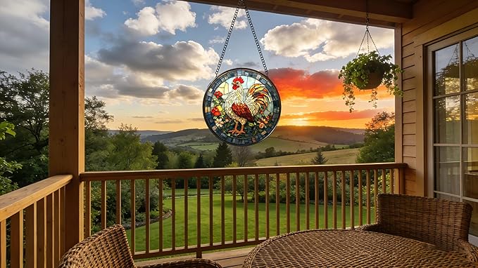 Stained Glass Window Hanging - The Golden Rooster Stared Ahead 6.3 Inches Suncatcher for Garden Home Decor for Women Mon Grandma Friends