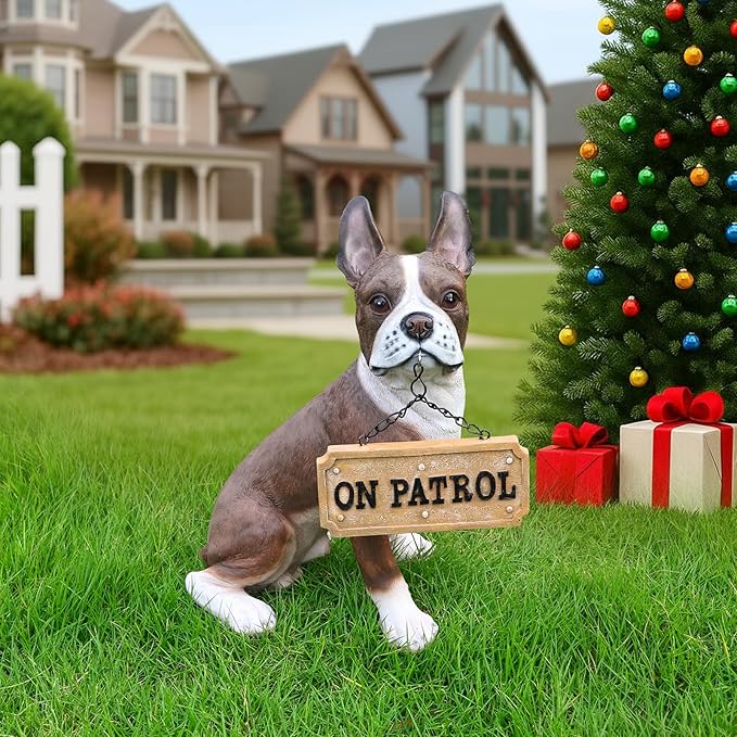 French Bulldog Garden Statue with Solar Lantern & Welcome Sign, 13.8" Realistic Dog Outdoor Decor, Waterproof Resin Animal Lawn Ornament for Patio, Yard, Porch and Housewarming Gift