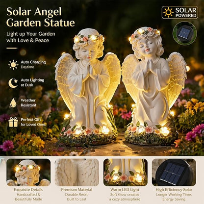 Amyhill 2 Pack Angel Garden Decor Statue Solar Outdoor Figurine Angel Gifts for Women Mom Grandma Light up Cherub Ornaments Outside Yard Lawn Patio Porch Sculpture Decorations