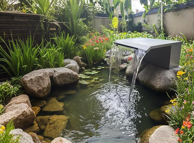 Stainless Steel Waterfall Spillway, APP Control Multi-Color LED Light Outdoor Pool Fountain, Water Spillway Koi Pond Waterfalls Fountains Kit for Garden Patio Swimming Pool Decoration-11.8"