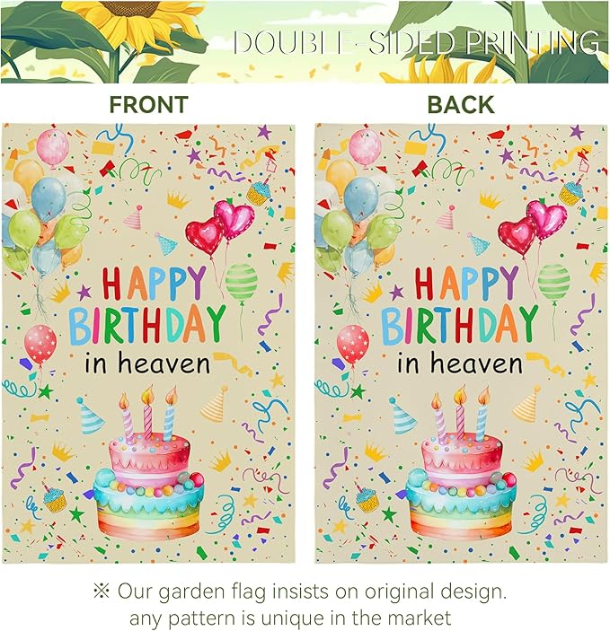Happy Birthday in Heaven Garden Flag 12x18 Inch Double Sided Colorful Balloon Cake Memorial Yard Banner Outdoor Birthday Remembrance Decoration for Patio Lawn Porch Garden Decor House Flags
