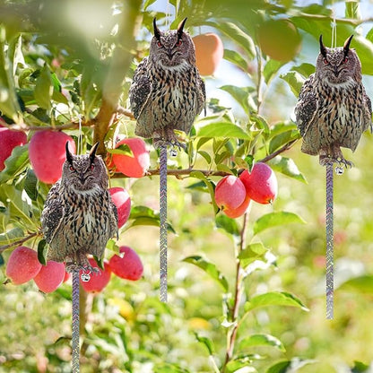 4Pcs Fake Owl Hanging Decoration, Reflective Bird Scare for Garden Patio, Plastic Owl Deterrent with Reflective Tape to Scare Birds Away for Windows Tree