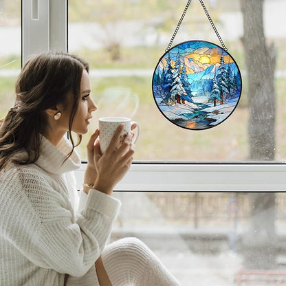 Winter Christmas Stained Glass Window Hanging Suncatchers, Winter Mountain Landscape Sun Catchers Indoor Window Glass Wall Art Decor, Christmas Wall Hanging Decorations Sculptures, 7.9x7.9in
