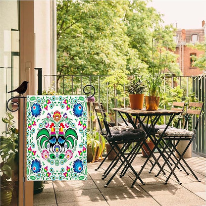 Mugod Rooster Garden Flag 12.5X18 Vertical Double Sided, Polish Floral Folk Art Colorful Flowers Leaves Yard Flag Burlap Banners for Seasonal Farmhouse Outside Decor