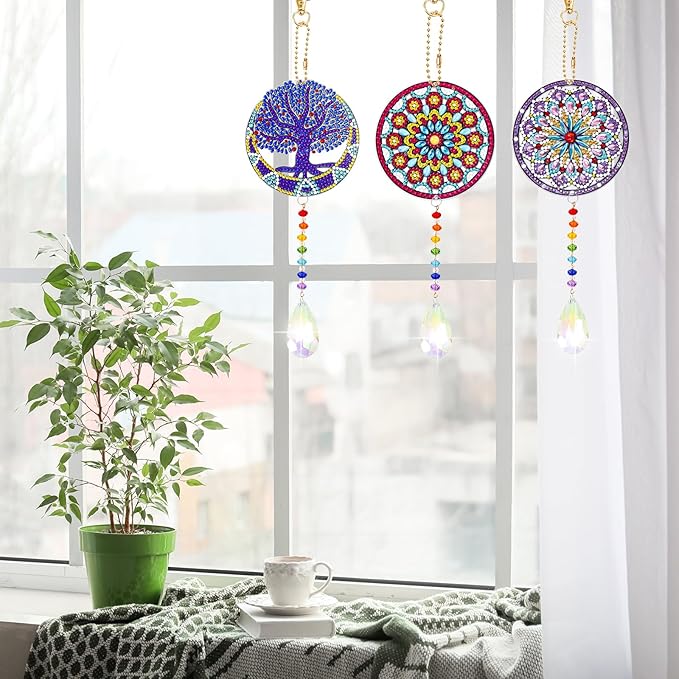 Sinor 6 Pcs Diamond Painting Wind Chimes Suncatcher, Hanging Crystal Double Sided Chime Ornament Decor for Garden Window Home DIY Kits for Adults -Style B
