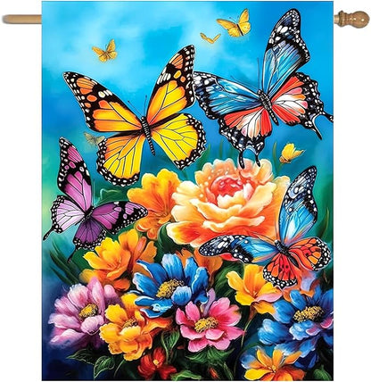 Spring Summer House Flags 28x40 Double Sided Large Butterfly Garden Flag Flower Yard Flags for Outside Butterflies Outdoor Decorative Floral Welcome Flags