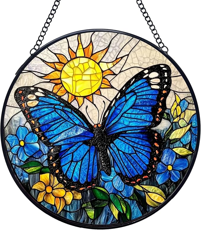 Butterfly Stained Glass Window Hanging Suncatchers, Blue Butterfly Flower Sun Catchers Indoor Window Glass Wall Art Decor, Nature Insect Floral Wall Hanging Decorations Sculptures, 7.9x7.9in