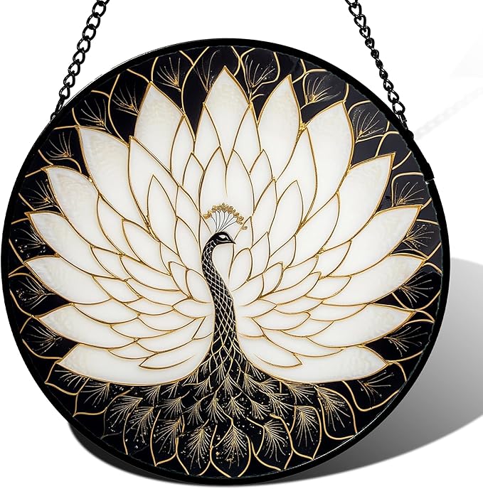 Stained Glass Window Hanging - Peacock Animal Suncatcher for Door Terrace Garden Home Decor Black White Gold Bird Sun Catcher Birthday Gifts for Lovers Women Men Dad Mom Nana 6.3 in