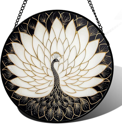 Stained Glass Window Hanging - Peacock Animal Suncatcher for Door Terrace Garden Home Decor Black White Gold Bird Sun Catcher Birthday Gifts for Lovers Women Men Dad Mom Nana 9.8 in