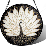 Stained Glass Window Hanging - Peacock Animal Suncatcher for Door Terrace Garden Home Decor Black White Gold Bird Sun Catcher Birthday Gifts for Lovers Women Men Dad Mom Nana 7.8 in