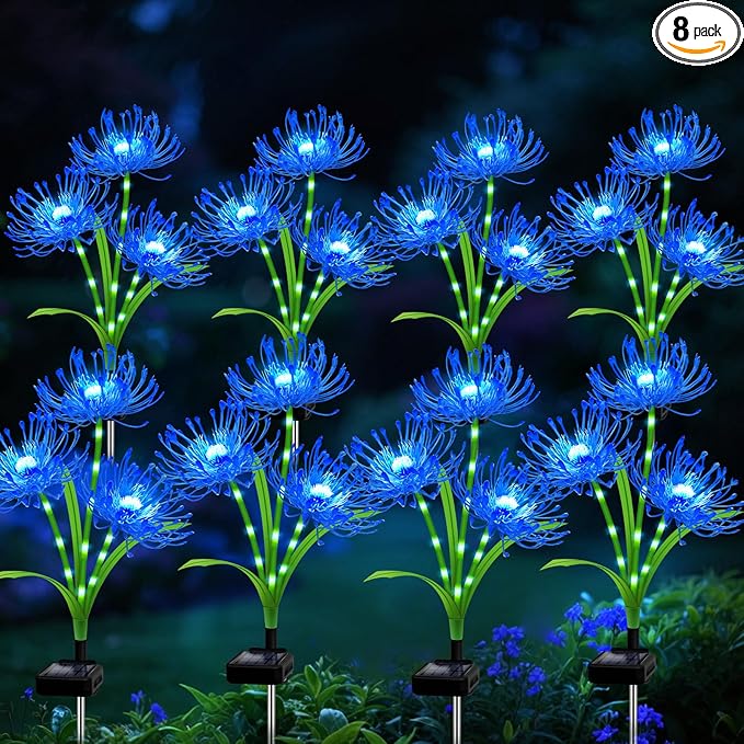 Solar Garden Flower Lights Outdoor, 8 Pack Blue Spider Lily Solar Lights with Glowing Stems, IP65 Waterproof LED Yard Decor for Patio Lawn Pathway, Mother's Day Valentine Gifts for Women Mom Grandma