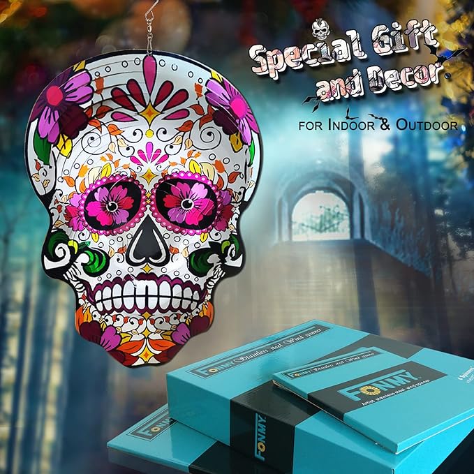 Fonmy Kinetic 3D Metal Garden Wind Spinner Quality Hanging Ornament for Home and Garden 12inch Mandala Daisy Sugar Skull Wind Spinners