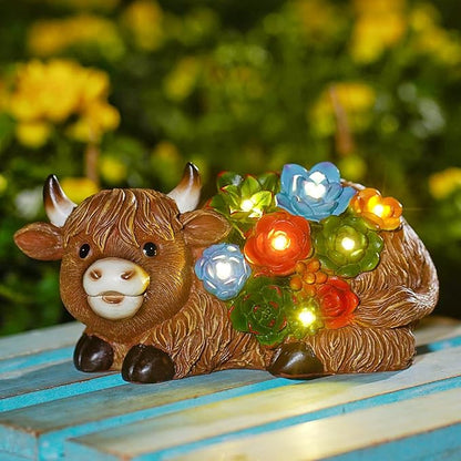 Highland Cow Garden Statues with Succulent: Outdoor Decor with Lights for Patio Balcony Yard Ornament - Unique Gifts for Mom Grandman Woman(Brown)