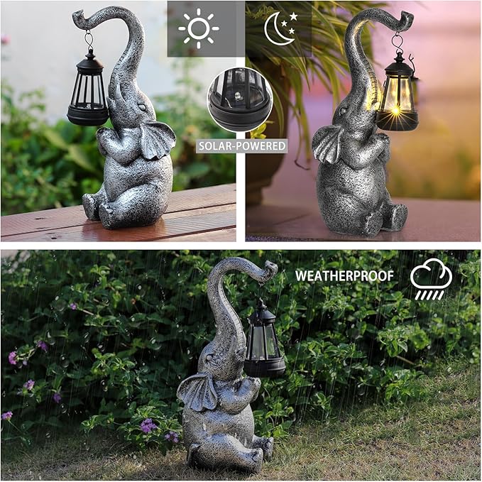 Solar Powered Garden Decoration Elephant Outdoor Statue, Birthday Gift for Lady, Mom Grandma Elder, Balcony, Garden, Patio, Lawn Elephant Decoration