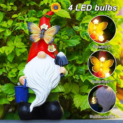 Spring Gnomes Garden Statues Decor, Solar Waterproof Large Gnome with LED Lights Funny Garden Sculptures Outdoor Patio Yard Decorations Lawn Ornaments Gifts for Women Mom