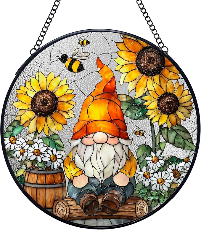 Sunflower Gnome Stained Glass Window Hanging Suncatchers, Rustic Cottage Sunflower Bee Sun Catchers Indoor Window Glass Wall Art Decor, Daisy Garden Wall Hanging Decor Sculptures, 7.9x7.9in